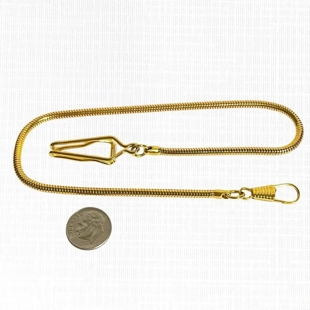 Gold Tone Pocket Watch Chain 15 inch Snake Attachment Clip Connector Holder Mens